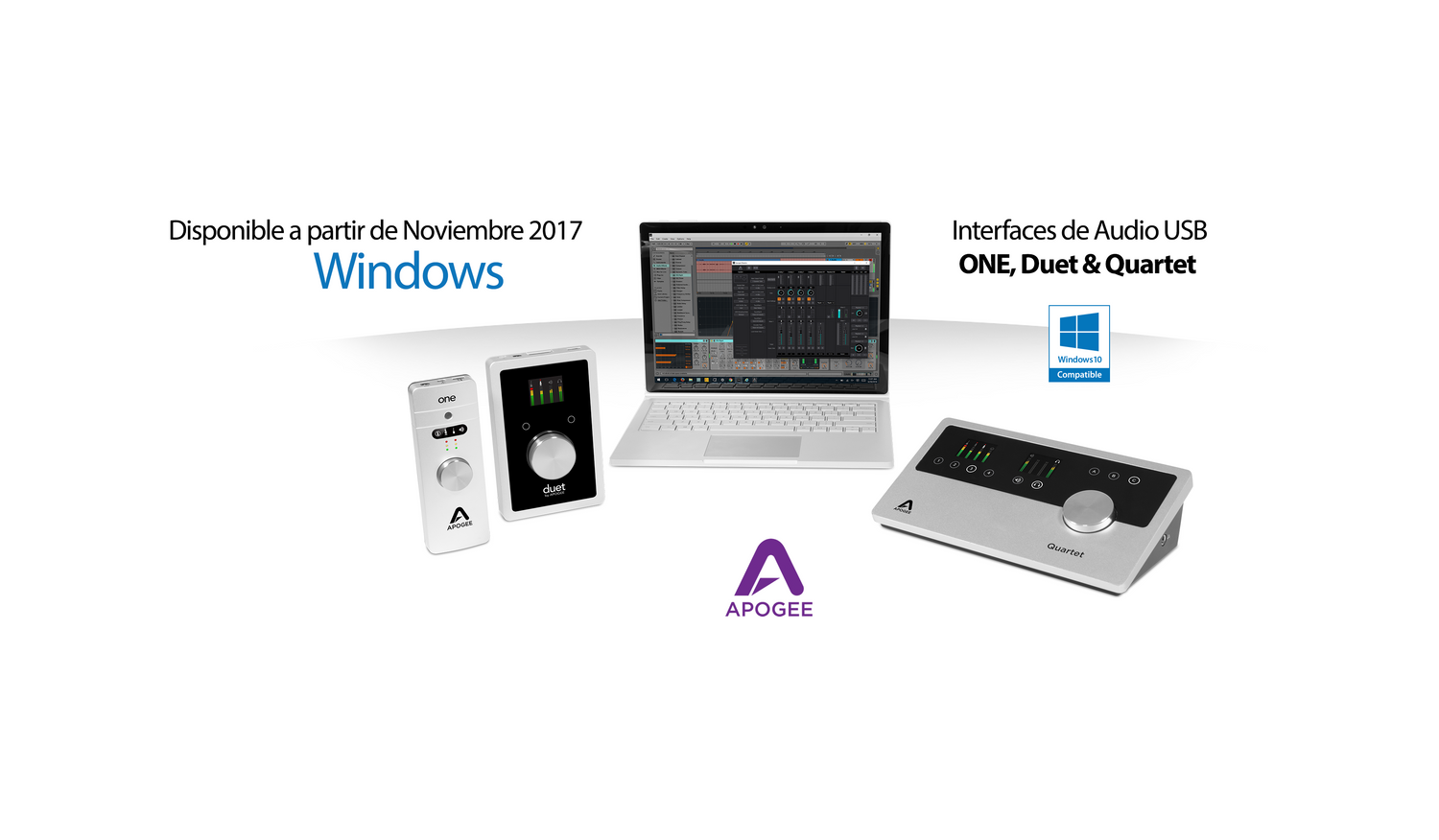Apogee anuncia que sus interfaces USB, One, Duet y Quartet serán compatibles con el sistema operativo Windows 10.