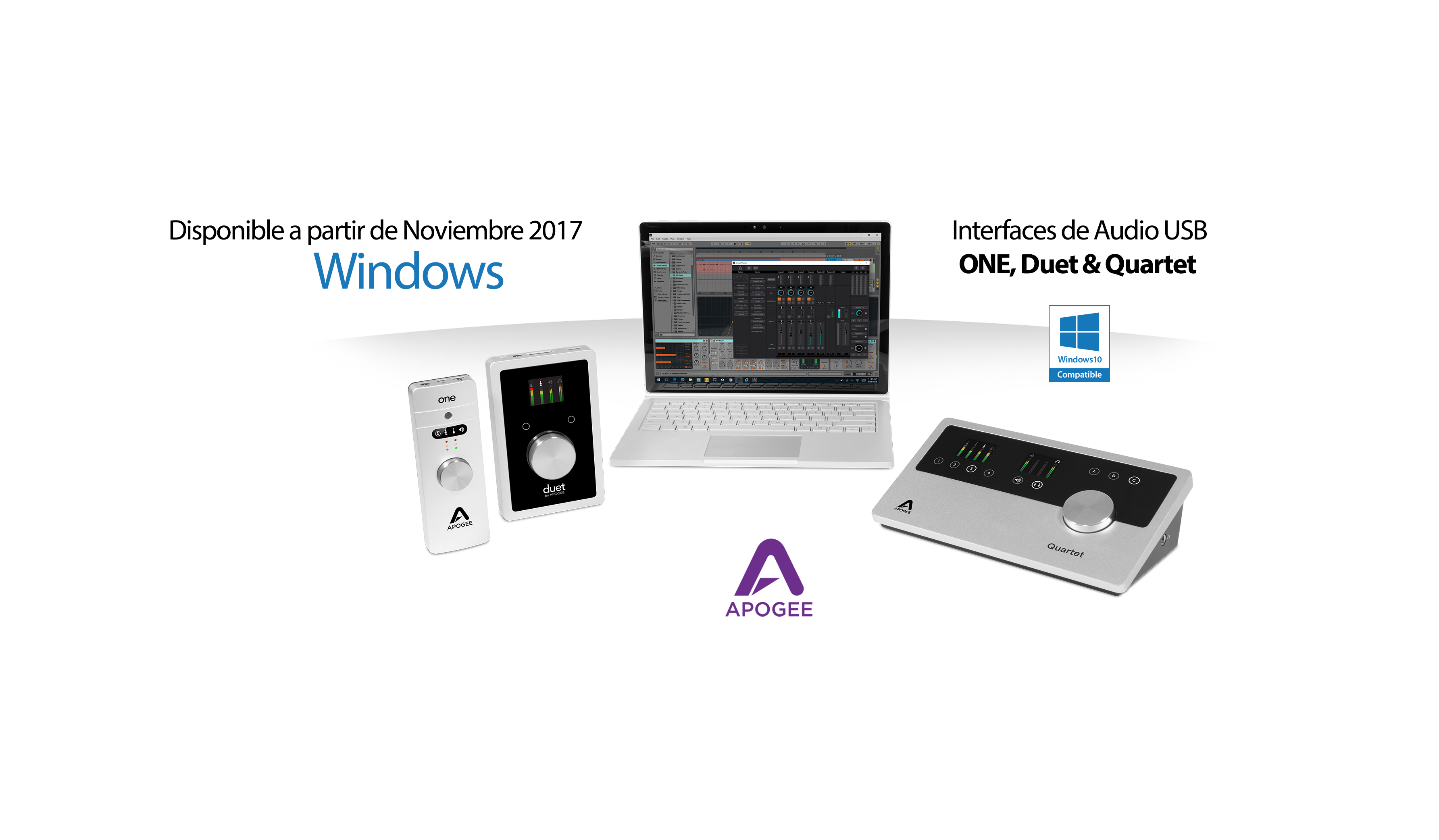 Apogee anuncia que sus interfaces USB, One, Duet y Quartet serán compatibles con el sistema operativo Windows 10.