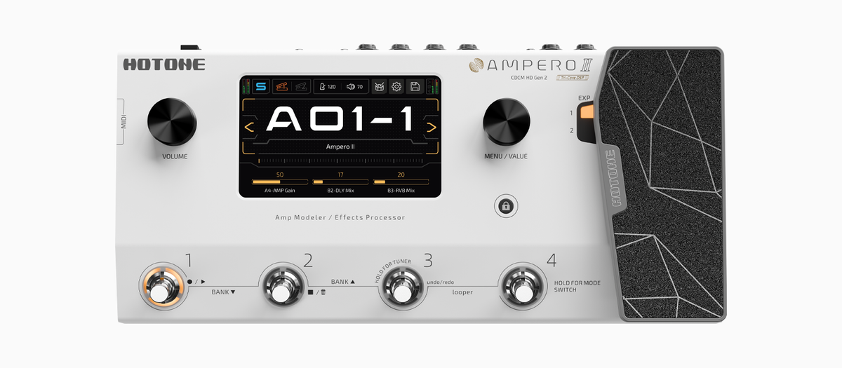 HOTONE Ampero II vista desde arriba, con pantalla, cuatro pulsadores y pedal de expresión.