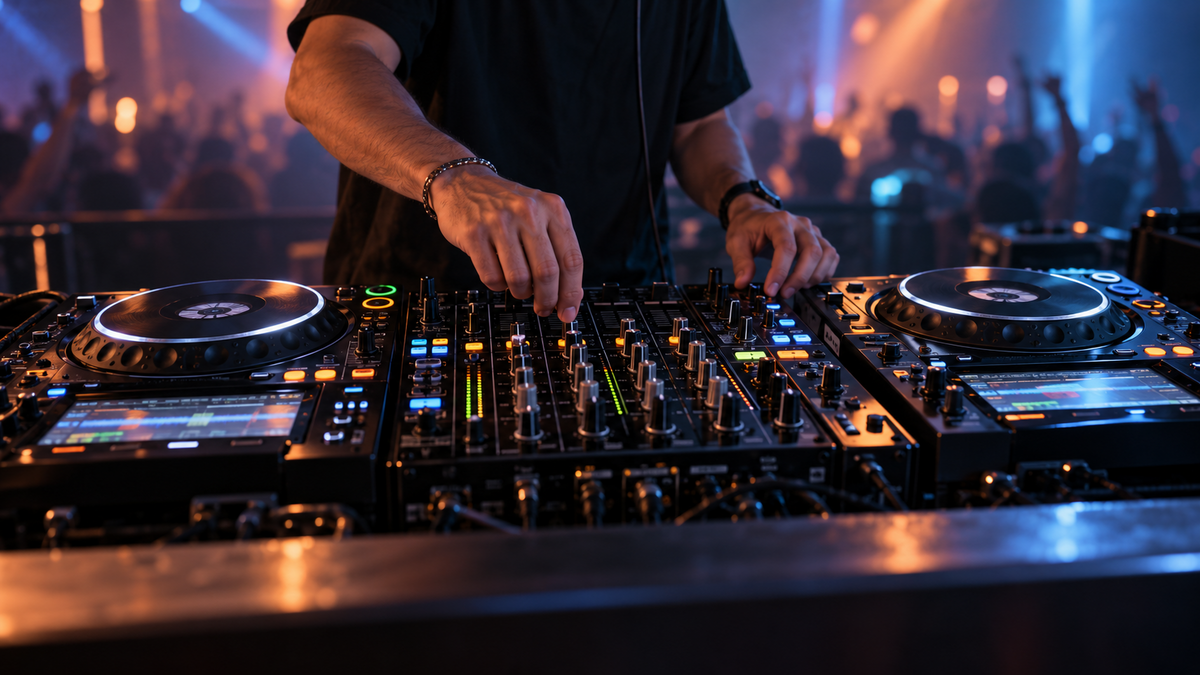 DJ mezclando en una cabina con dos reproductores y una mesa de mezclas, con la pista al fondo.