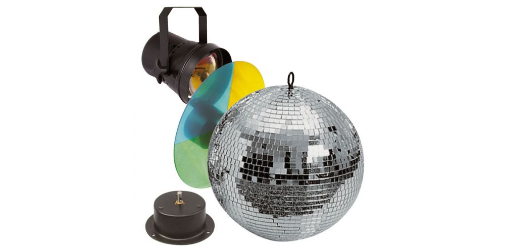 Mirrorballset 30 cm mirror ball,motor,pinspot,colors